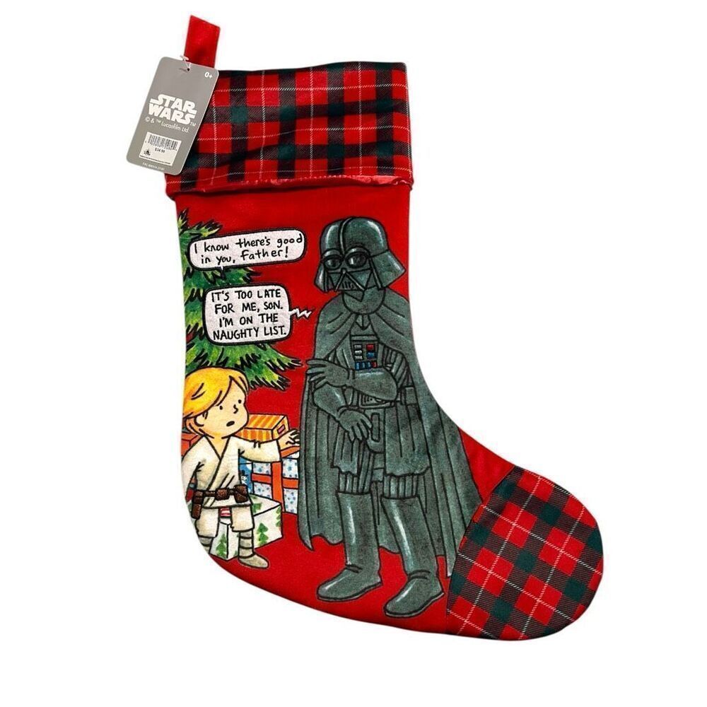 NEW Star Wars Darth Vader & Luke Skywalker Christmas Stocking Plaid Trim Disney